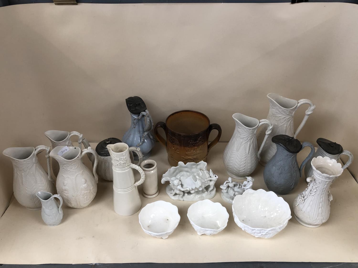 A brown glazed slip ware two handled stoneware and other pottery and china including Wedgwood etc