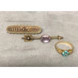 15ct gold bar brooch, and an unmarked yellow metal amethyst and seed pearl arrow brooch, and a