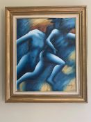 A contemporary gilt framed picture, in the Picasso style of 2 blue abstract figures running 50 X 55