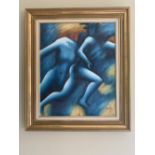 A contemporary gilt framed picture, in the Picasso style of 2 blue abstract figures running 50 X 55