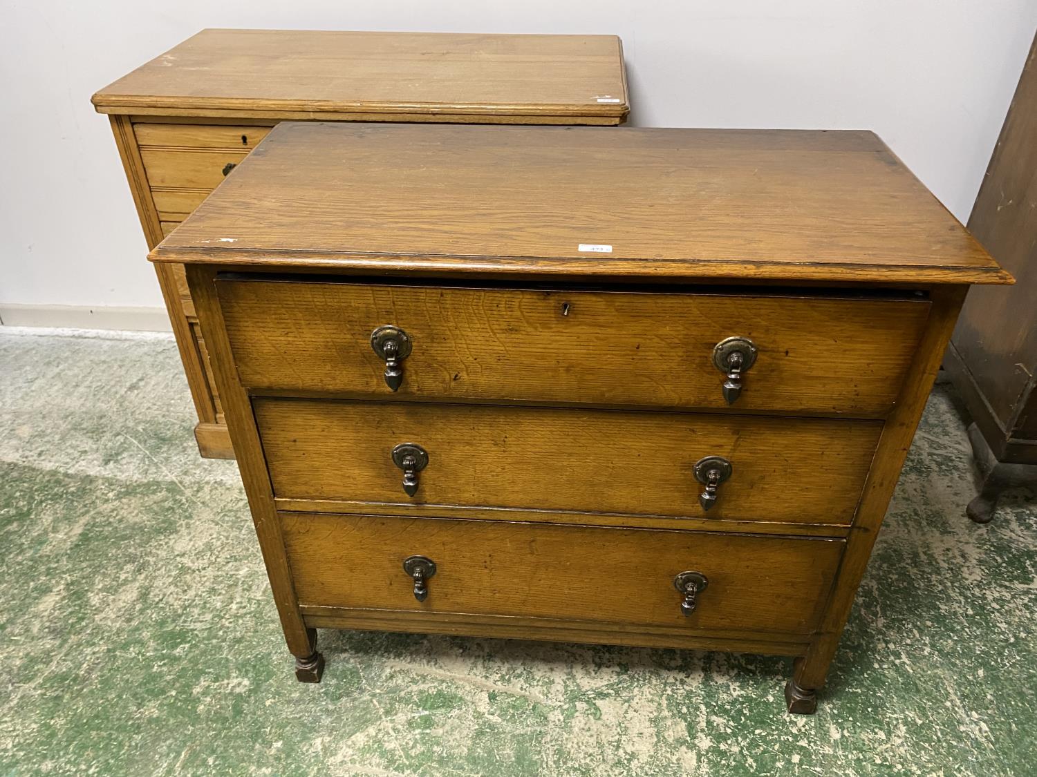 Small modern oak style chest of 3 drawers, a Jacobean style modern chest, and a pine chest, all as - Image 4 of 7