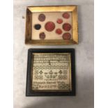 Small C18th sampler, dated march 3rd 1799; and framed collection of wax seals