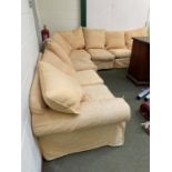 Large L shaped sofa , yellow loose cushions, (white draylon base), 79cmH x 96cmDeep x overall length