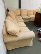 Large L shaped sofa , yellow loose cushions, (white draylon base), 79cmH x 96cmDeep x overall length
