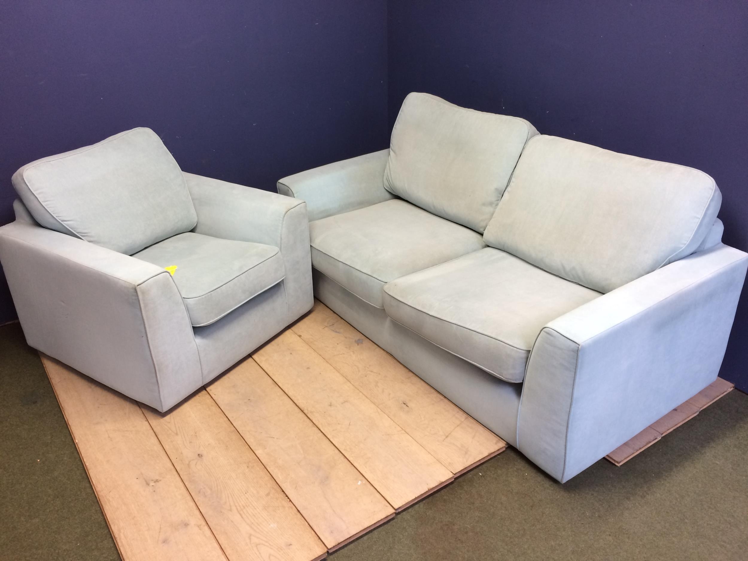 Duck egg blue sofa and chair (in used condition - upholstery needs some cleaning) note one black