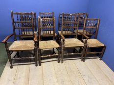 Eight ladder back, rush seated country chairs, (6 +2); some wear to the rush seats