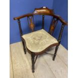 An Edwardian inlaid corner chair with tapestry seat