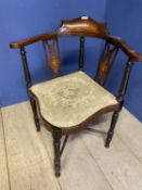 An Edwardian inlaid corner chair with tapestry seat