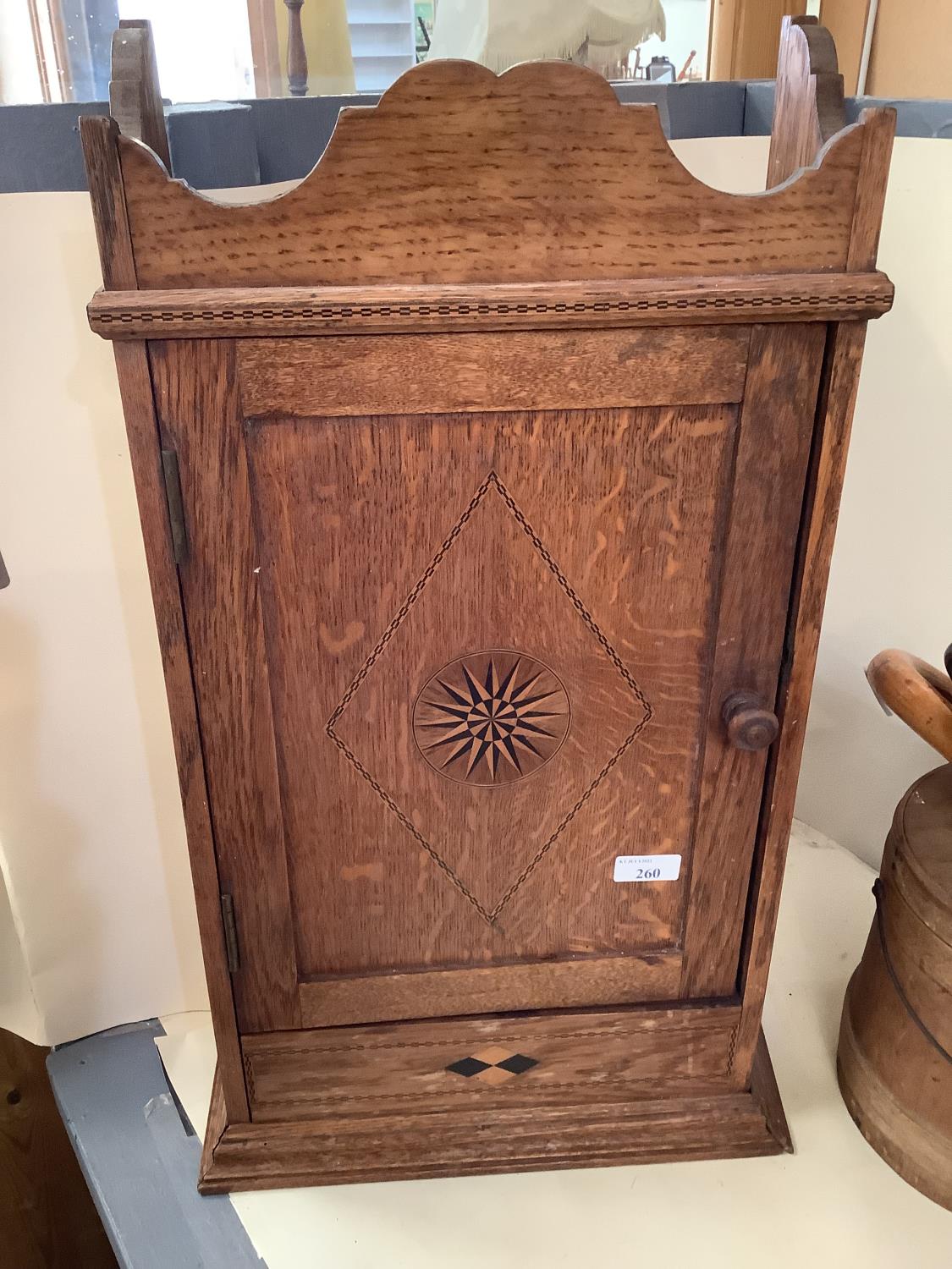 An inlaid hanging wall cupboard, a small footstool, with bergere - caning damaged, a foot stool - Image 6 of 13