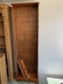 Modern pine waterfall style bookshelf, 112L X 63H X 30 widest point, cm approx.; and another pine