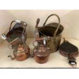 Collection of brass and fireside items, to include copper kettle, 2 log bins with ceramic handles