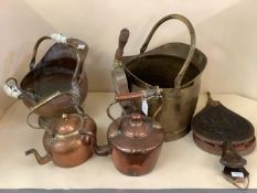Collection of brass and fireside items, to include copper kettle, 2 log bins with ceramic handles