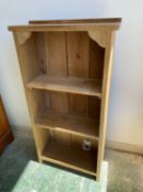 A blue painted bookshelf unit (147cmH), a pine bookcase (99cmH) and a shelving unit made of wine