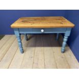 Modern pine kitchen table with blue painted base, 122cm Long