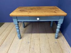 Modern pine kitchen table with blue painted base, 122cm Long