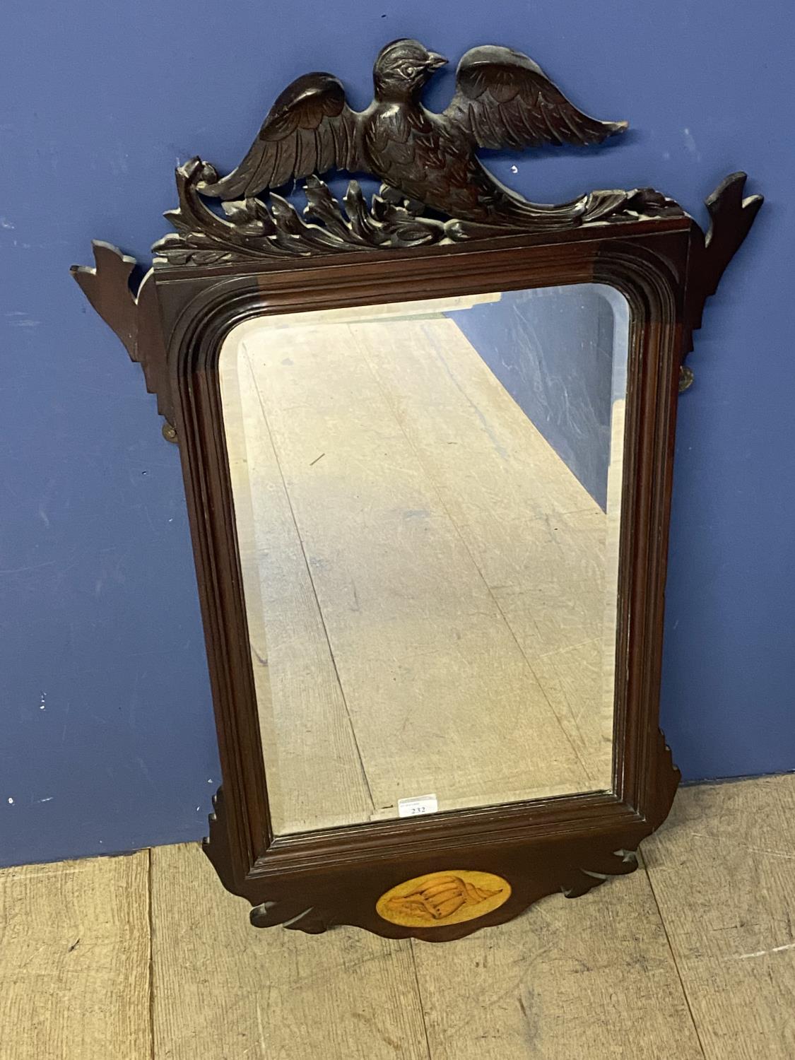 Mahogany and inlaid hanging wall mirror, with eagle finial, 87cmH - Image 2 of 2