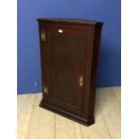 Small dark oak hanging corner cupboard with brass hinges and with key 96h x 67 w x 33 d cm