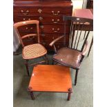 Small low table with bobbin turned legs, and a small elm bergere seated chair and another stick back