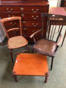Small low table with bobbin turned legs, and a small elm bergere seated chair and another stick back