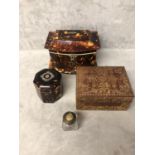 A C19th Tortoise shell and bone casket shaped two comparment tea caddy, and a hexagonal, white metal