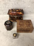 A C19th Tortoise shell and bone casket shaped two comparment tea caddy, and a hexagonal, white metal