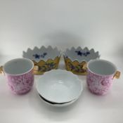Two pairs of modern decorative planters/cache pots, and a pair of white bowls, stamped Limoges