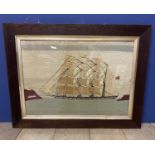 Late C19th/earl C20th Crewel work image of a 3 masted ship in an oak and glaze partial gilt frame,