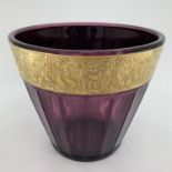 A Moser amethyst glass Karisbad design panelled vase, with gilt band depicting battle scene,