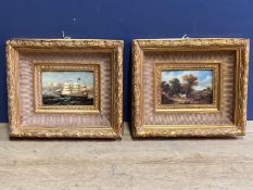 Pair of modern framed and glazed decorative pictures, one of a rural landscape ad one of a ship,