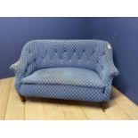 Howard style sofa, with reeded mahogany legs and brass castors, blue upholstery in need of a clearn,