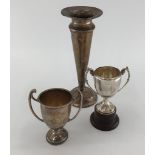 3 sterling silver items, to include small trophies and trumpet vase