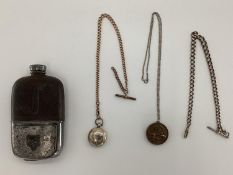 A sterling silver sovereign case, a sterling silver Albert Chain and a white metal and leather