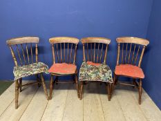 A set of 4 elm seated Windsor stick back cottage chairs and 4 other chairs