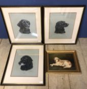 Three original portraits of Labradors: Puffin, Quail and Wren by Charlotte Preston '91, and Sailor