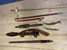 Collection of bladed weapons, to include a South Asian style sword in leather scabbard, am Indian