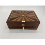 Mahogany and fruit wood inlaid cigar humidor, with key present 35 x 28cm x 12cm