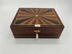 Mahogany and fruit wood inlaid cigar humidor, with key present 35 x 28cm x 12cm