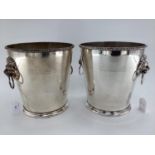 A pair of silver plated wine/ice buckets with lion head and hoop handles by Mappin & Webb, 23cm H