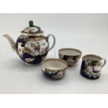 A C19th Derby style part tea set , blue ground with gilt decoration with hand painted panels of