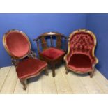 George III mahogany corner armchair with red seat, and 2 Victorian walnut spoonback chars