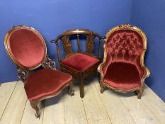 George III mahogany corner armchair with red seat, and 2 Victorian walnut spoonback chars