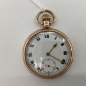 9ct gold crown wind open face pocket watch, white enamel face, with roman numeral markers,