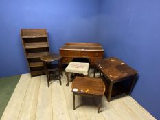 A quantity of brown furniture to include a small repro bureau, a square occasional table,