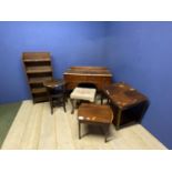 A quantity of brown furniture to include a small repro bureau, a square occasional table,