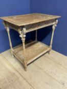 A worn pine scrub top effect kitchen table with stretcher to base; and anther occasional table, with