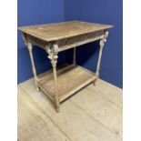 A worn pine scrub top effect kitchen table with stretcher to base; and anther occasional table, with