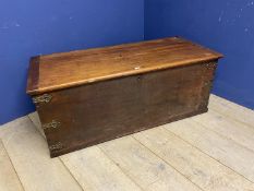 Large pine brass bound chest, splits and wear, 132 x 54cmW