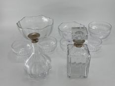 Four Villeroy and Boch serving bowls and larger examples, and decanters
