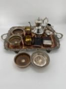 A good, old Sheffield plate oblong pierced galleried tray, Silver WORN; and collection of silver