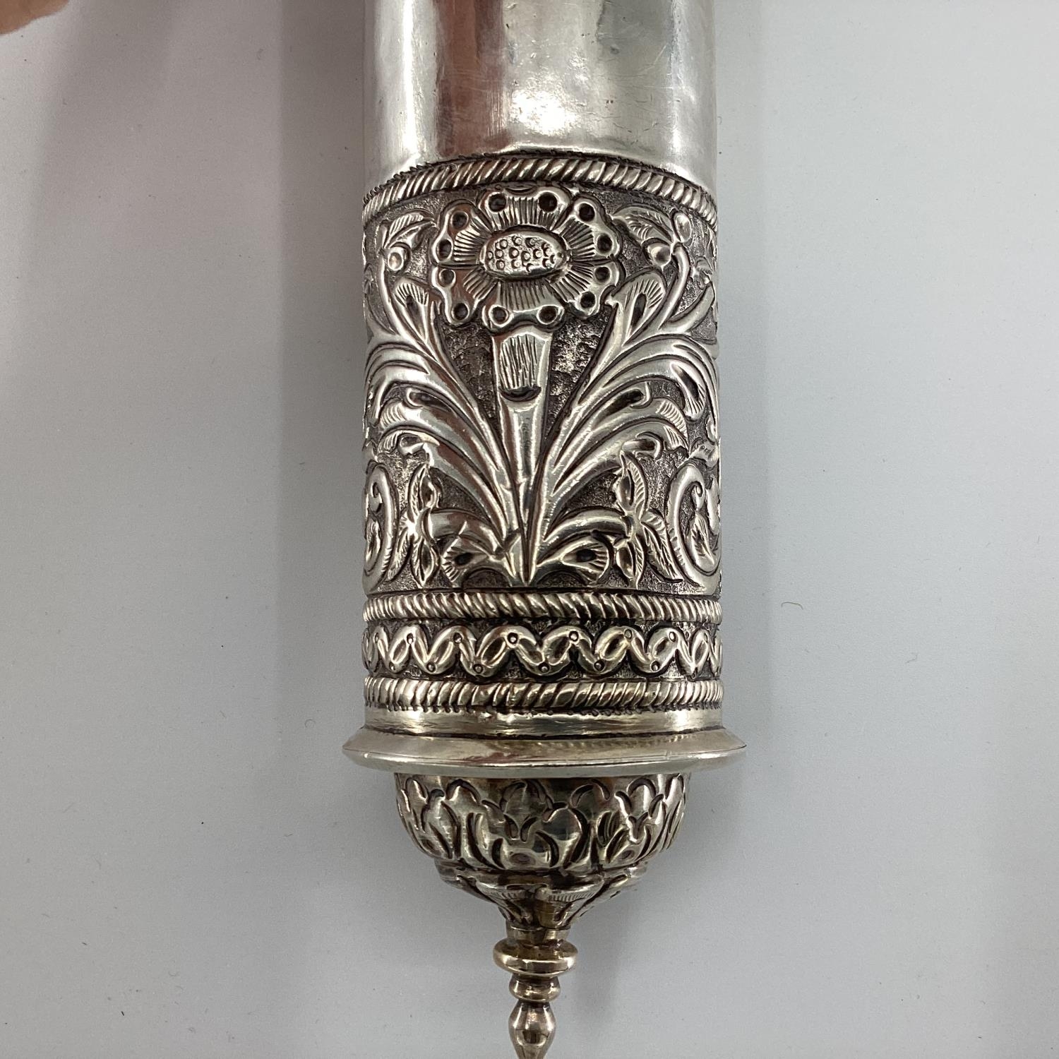 A Middle Eastern style white metal prayer scroll with raised flora and fauna decoration, 30cm, - Image 8 of 12